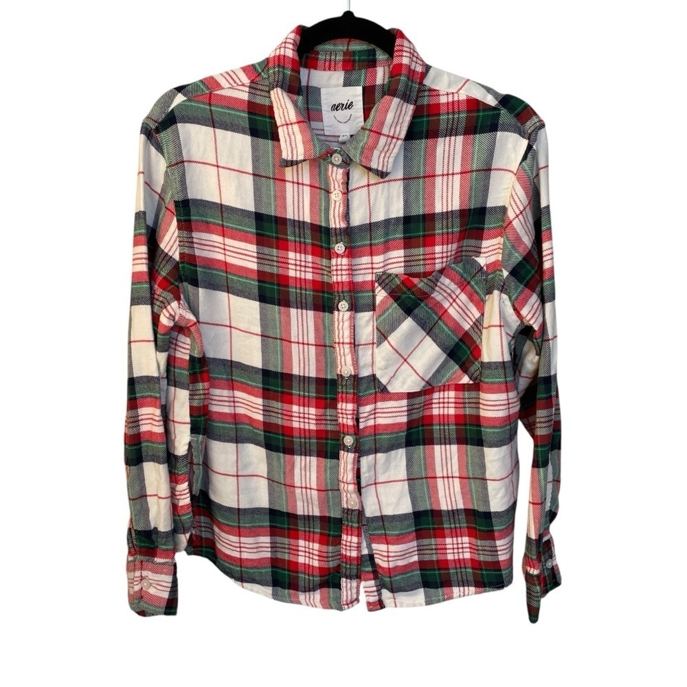 AERIE Cotton Flannel Plaid Button Up Shirt White Blue Red Green XS